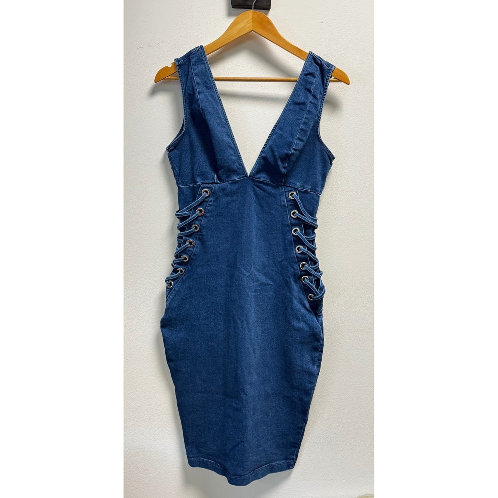 C'est Toi Womens Blue Lace Up Side Denim Bodycon V-Neck Dress Size Large NWOT